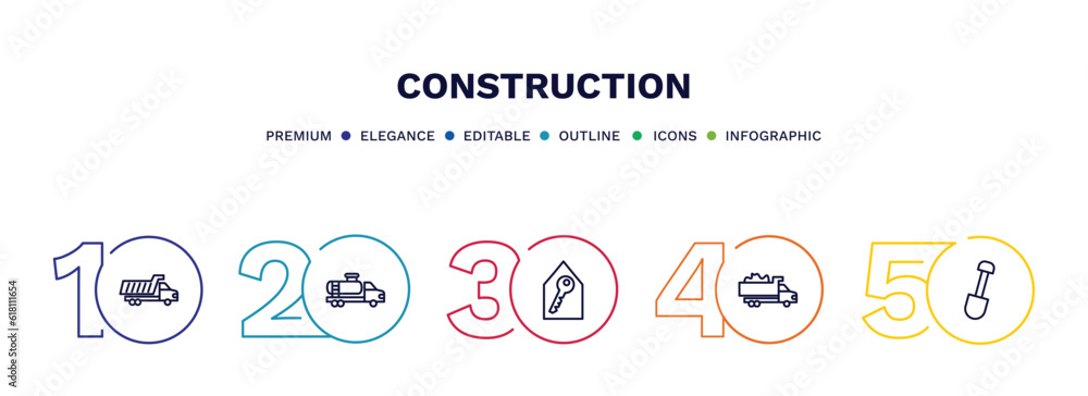 set of construction thin line icons. construction outline icons with infographic template. linear icons such as , tank truck, home key, big shovel set of construction thin line icons. construction outline icons with infographic template. linear icons such as , tank truck, home key, big shovel