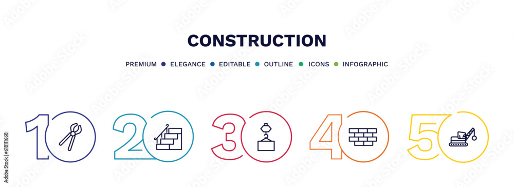 set of construction thin line icons. construction outline icons with infographic template. linear icons such as clippers, stairs with handle, derrick with pallet, brickwall, derrick ball vector. set of construction thin line icons. construction outline icons with infographic template. linear icons such as clippers, stairs with handle, derrick with pallet, brickwall, derrick ball vector.