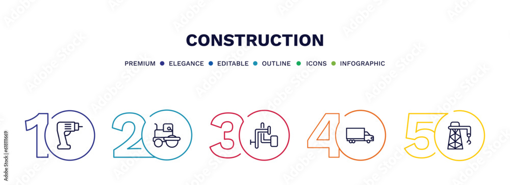 Naklejka premium set of construction thin line icons. construction outline icons with infographic template. linear icons such as electric drill, , adjusment system, truck with freight, derrick facing right vector.