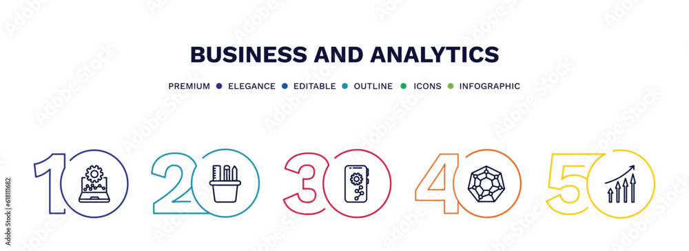 set of business and analytics thin line icons. business and analytics outline icons with infographic template. linear icons such as laptop with analysis, supplies, mobile analytics, radar chart, set of business and analytics thin line icons. business and analytics outline icons with infographic template. linear icons such as laptop with analysis, supplies, mobile analytics, radar chart,