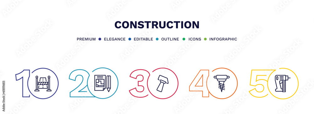 Naklejka premium set of construction thin line icons. construction outline icons with infographic template. linear icons such as road stopper, , inclined hammer, pickaxes drilling,