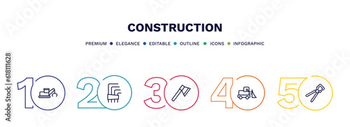 set of construction thin line icons. construction outline icons with infographic template. linear icons such as derrick with tong, , inclined ax, little snowplow, big clippers vector.