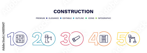 set of construction thin line icons. construction outline icons with infographic template. linear icons such as , big derrick with boxes, wood saw, big clo, constructions vector.