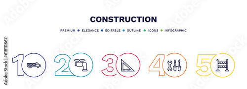 set of construction thin line icons. construction outline icons with infographic template. linear icons such as truck with load, stopcock, angle ruler, three tools, road barrier vector.