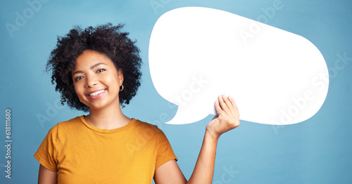 Speech bubble, communication portrait and woman chat, social media opinion and college talk, news or voice forum. Face of student or African person with FAQ mockup and quote sign on a blue background