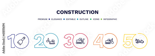 set of construction thin line icons. construction outline icons with infographic template. linear icons such as , derrick with box, bulldozer, truck with crane