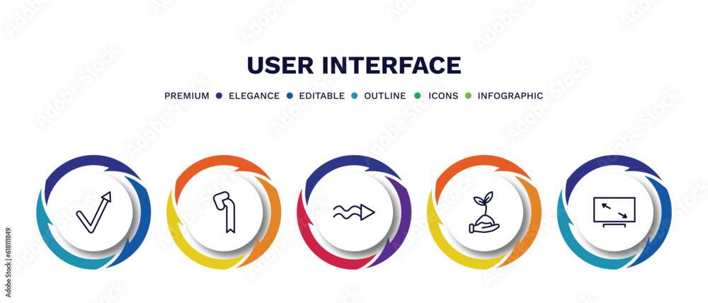 set of user interface thin line icons. user interface outline icons with infographic template. linear icons such as check mark arrow, left curve, undulating arrow, hand and sprout, display size set of user interface thin line icons. user interface outline icons with infographic template. linear icons such as check mark arrow, left curve, undulating arrow, hand and sprout, display size