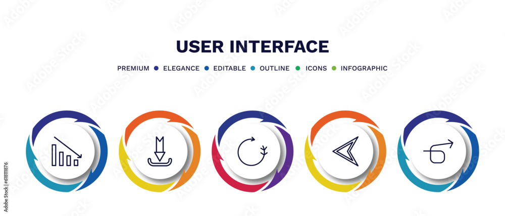 set of user interface thin line icons. user interface outline icons with infographic template. linear icons such as reduce, curved downward arrow, spinning left arrow, back drawn arrow, right loop set of user interface thin line icons. user interface outline icons with infographic template. linear icons such as reduce, curved downward arrow, spinning left arrow, back drawn arrow, right loop