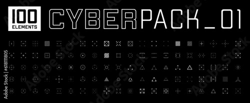 Cyberpunk style design elements set. Square, triangle, circle, and rhombus targets, aims, sights, and crosshairs. A pack of futuristic aims. A vector collection of futuristic cyberpunk design elements