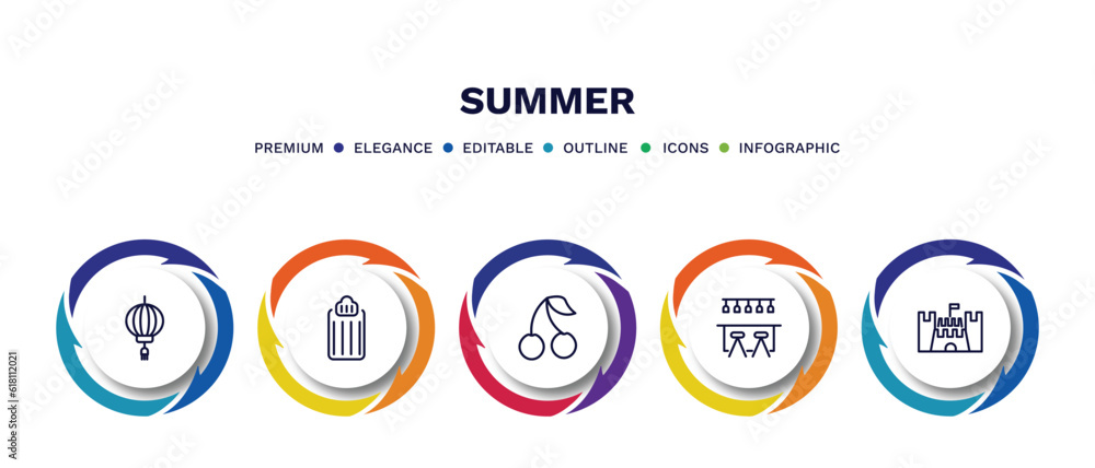 set of summer thin line icons. summer outline icons with infographic template. linear icons such as lantern, air mattress, cherries, bar, sand castle vector. set of summer thin line icons. summer outline icons with infographic template. linear icons such as lantern, air mattress, cherries, bar, sand castle vector.
