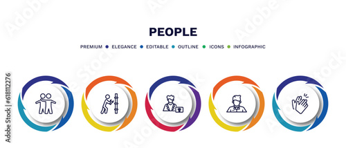 set of people thin line icons. people outline icons with infographic template. linear icons such as hugging, plumber working, radiologist working, waiter working, partners claping hands vector.