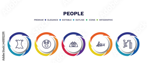 set of people thin line icons. people outline icons with infographic template. linear icons such as women dress, surprised smile, business suit, feeding a dog, helping other to jump vector.