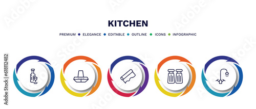 set of kitchen thin line icons. kitchen outline icons with infographic template. linear icons such as wine bottle, extractor hood, aluminum foil, salt and pepper, kitchen tap vector.