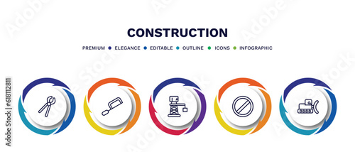 set of construction thin line icons. construction outline icons with infographic template. linear icons such as clippers, , derrick with boxes, bulldozer
