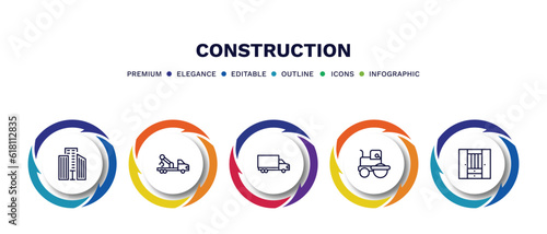 set of construction thin line icons. construction outline icons with infographic template. linear icons such as big building, crane truck, truck with freight, , big clo vector.