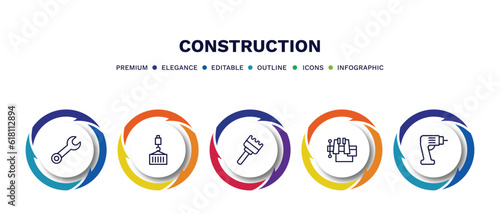 set of construction thin line icons. construction outline icons with infographic template. linear icons such as round wrench, derrick with load, sand brush, , electric drill vector.