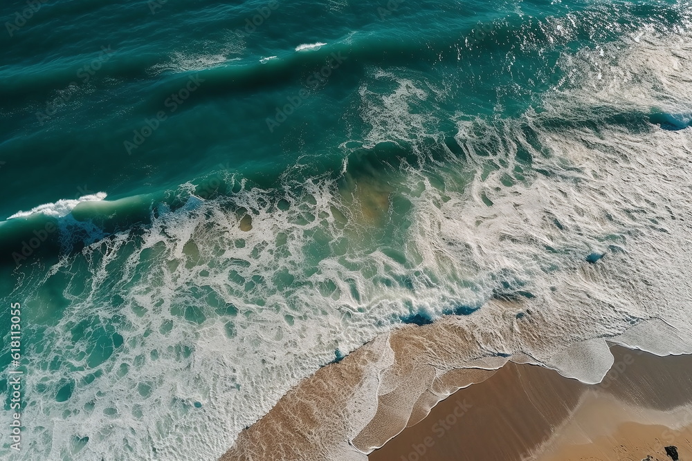 A Captivating Aerial View of Breaking Waves on a Beach Blue Ocean - Generative Ai