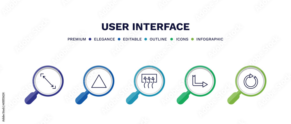 set of user interface thin line icons. user interface outline icons with infographic template. linear icons such as size, triangular, rear window defrost, down right arrow, clockwise drawn arrow set of user interface thin line icons. user interface outline icons with infographic template. linear icons such as size, triangular, rear window defrost, down right arrow, clockwise drawn arrow
