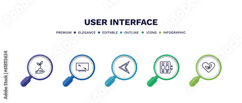 set of user interface thin line icons. user interface outline icons with infographic template. linear icons such as hand and sprout, display size, back drawn arrow, lift, ecologic heart vector.