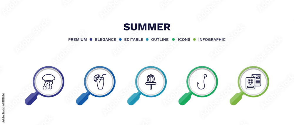 set of summer thin line icons. summer outline icons with infographic template. linear icons such as jellyfish, lime juice, disc golf, fish and hook, travel guide vector. set of summer thin line icons. summer outline icons with infographic template. linear icons such as jellyfish, lime juice, disc golf, fish and hook, travel guide vector.