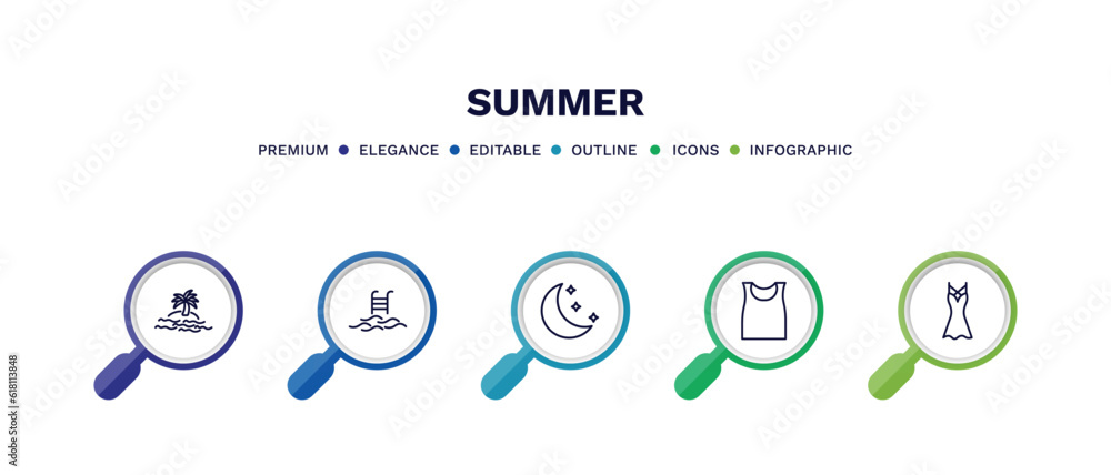 set of summer thin line icons. summer outline icons with infographic template. linear icons such as island, swimming pool ladder, moon, sleeveless, dress vector. set of summer thin line icons. summer outline icons with infographic template. linear icons such as island, swimming pool ladder, moon, sleeveless, dress vector.