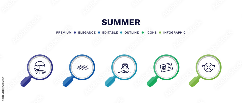 set of summer thin line icons. summer outline icons with infographic template. linear icons such as sunbed, ocean, cruise, plane ticket, life guard vector. set of summer thin line icons. summer outline icons with infographic template. linear icons such as sunbed, ocean, cruise, plane ticket, life guard vector.