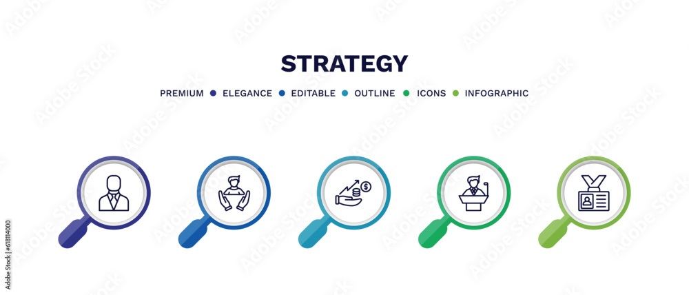 set of strategy thin line icons. strategy outline icons with infographic template. linear icons such as manager, human resources, investment, conference, visitor vector. set of strategy thin line icons. strategy outline icons with infographic template. linear icons such as manager, human resources, investment, conference, visitor vector.