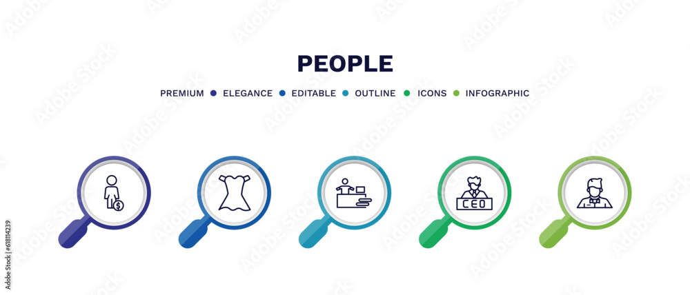 set of people thin line icons. people outline icons with infographic template. linear icons such as man with money, women dress, assembler, ceo man, waiter working vector. set of people thin line icons. people outline icons with infographic template. linear icons such as man with money, women dress, assembler, ceo man, waiter working vector.