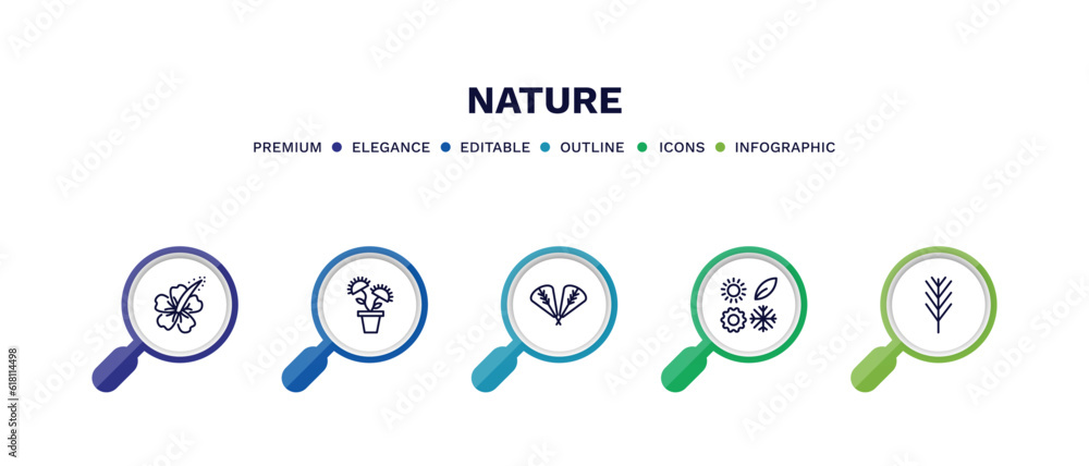set of nature thin line icons. nature outline icons with infographic template. linear icons such as hibiscus, carnivorous plant, plum leaf, season, pine leaf vector. set of nature thin line icons. nature outline icons with infographic template. linear icons such as hibiscus, carnivorous plant, plum leaf, season, pine leaf vector.