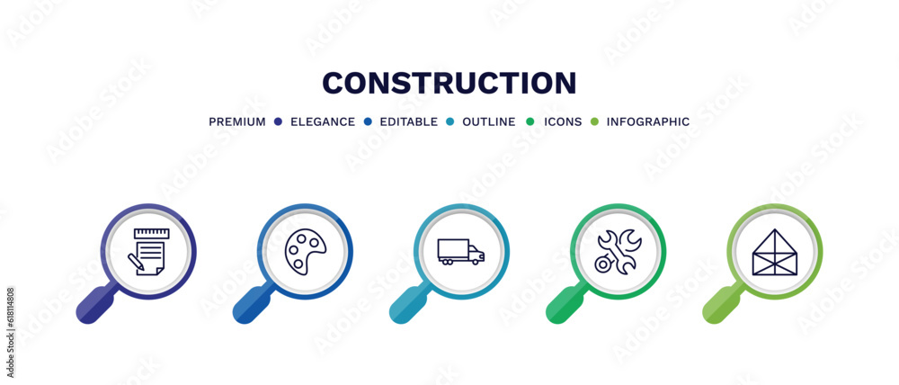 set of construction thin line icons. construction outline icons with infographic template. linear icons such as measures plan, pallete, truck with freight, , set of construction thin line icons. construction outline icons with infographic template. linear icons such as measures plan, pallete, truck with freight, ,