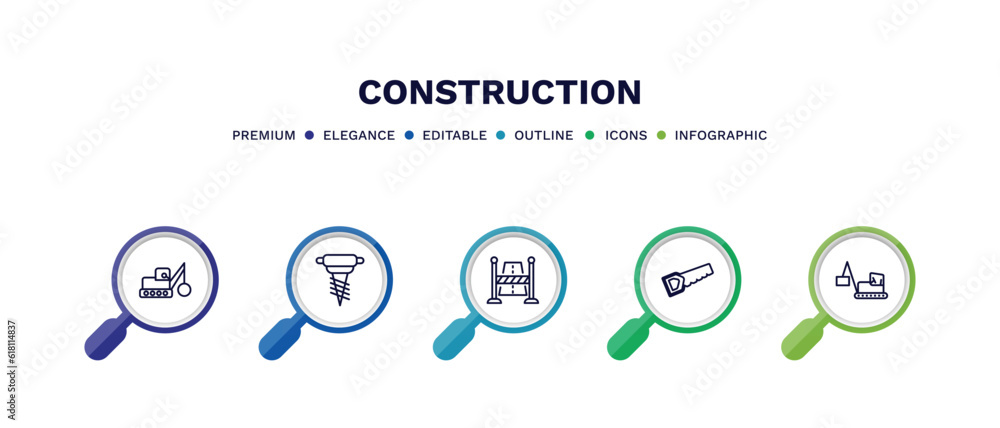 set of construction thin line icons. construction outline icons with infographic template. linear icons such as , pickaxes drilling, road stopper, big saw, derrick with box vector. set of construction thin line icons. construction outline icons with infographic template. linear icons such as , pickaxes drilling, road stopper, big saw, derrick with box vector.