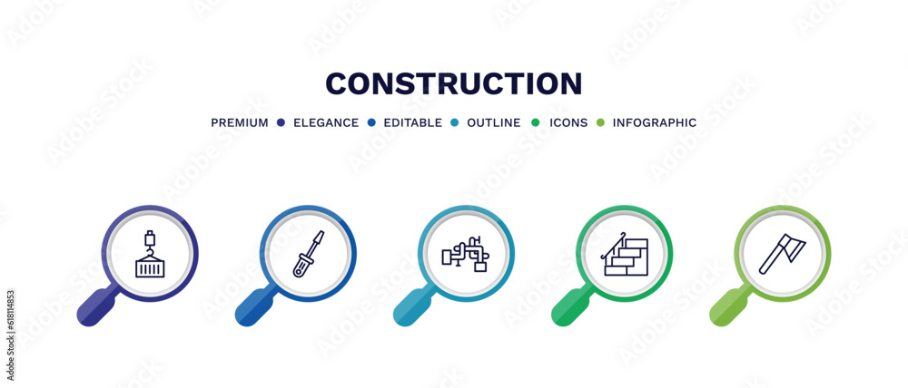 set of construction thin line icons. construction outline icons with infographic template. linear icons such as derrick with load, , adjustment system, stairs with handle, inclined ax vector. set of construction thin line icons. construction outline icons with infographic template. linear icons such as derrick with load, , adjustment system, stairs with handle, inclined ax vector.