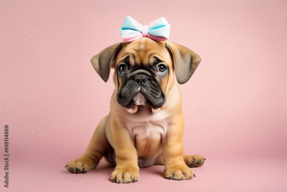 Dog puppy with ribbon on pink background. 