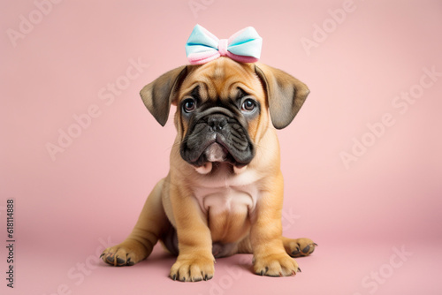 Dog puppy with ribbon on pink background.  © Firn