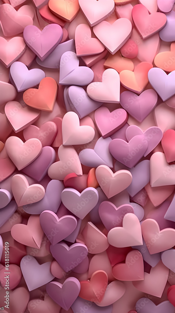 Pink candy background with hearts. Illustration. Ai generation.