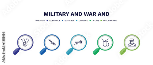set of military and war and thin line icons. military and war outline icons with infographic template. linear icons such as medal, automatic gun, gun shooting, dog tag, officer vector.