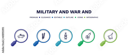 set of military and war and thin line icons. military and war outline icons with infographic template. linear icons such as armored vehicle, combat, , missile, jet vector.