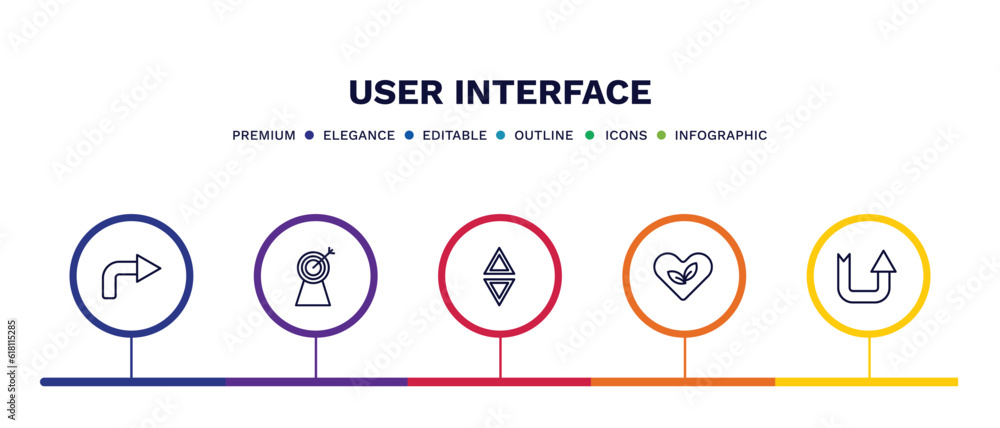 set of user interface thin line icons. user interface outline icons with infographic template. linear icons such as right arrow with turn, archery champion, elevator arrows, ecologic heart, set of user interface thin line icons. user interface outline icons with infographic template. linear icons such as right arrow with turn, archery champion, elevator arrows, ecologic heart,