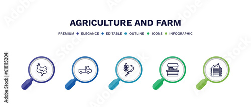 set of agriculture and farm thin line icons. agriculture and farm outline icons with infographic template. linear icons such as hen, pickup, harvest, stall, composter vector.