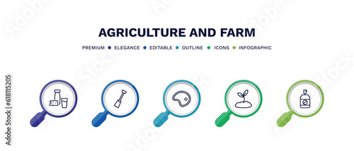 set of agriculture and farm thin line icons. agriculture and farm outline icons with infographic template. linear icons such as milk products, digging bar, meat, plant sprout, insecticide vector.