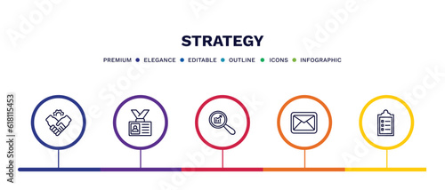 set of strategy thin line icons. strategy outline icons with infographic template. linear icons such as partner, visitor, analysis, email, list vector.