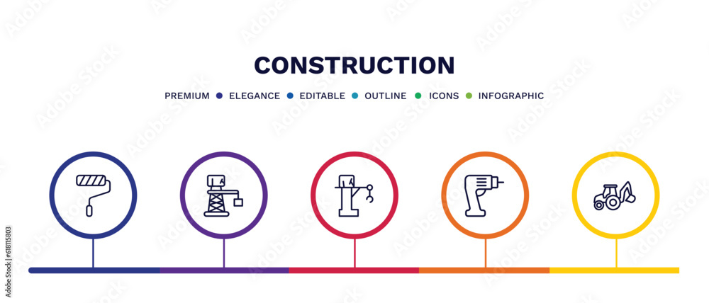 set of construction thin line icons. construction outline icons with infographic template. linear icons such as roller and paint, derrick with boxes, big derrick with boxes, electric drill, backhoes set of construction thin line icons. construction outline icons with infographic template. linear icons such as roller and paint, derrick with boxes, big derrick with boxes, electric drill, backhoes