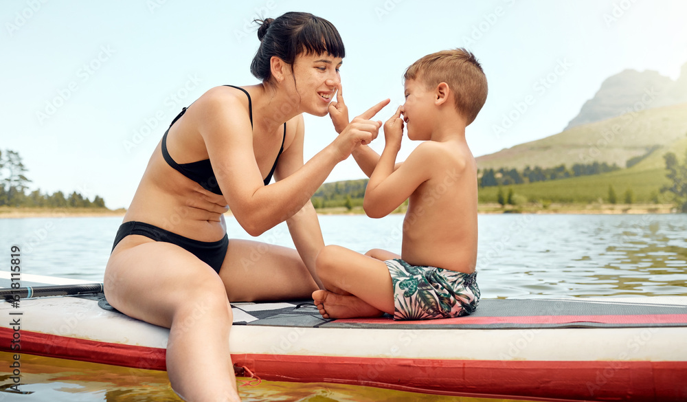 Lake, nature with mother and son on paddle board, relax outdoor with summer  holiday and travel.