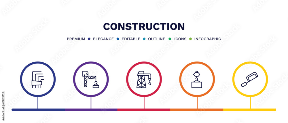 set of construction thin line icons. construction outline icons with infographic template. linear icons such as , constructions, derrick facing right, derrick with pallet, set of construction thin line icons. construction outline icons with infographic template. linear icons such as , constructions, derrick facing right, derrick with pallet,