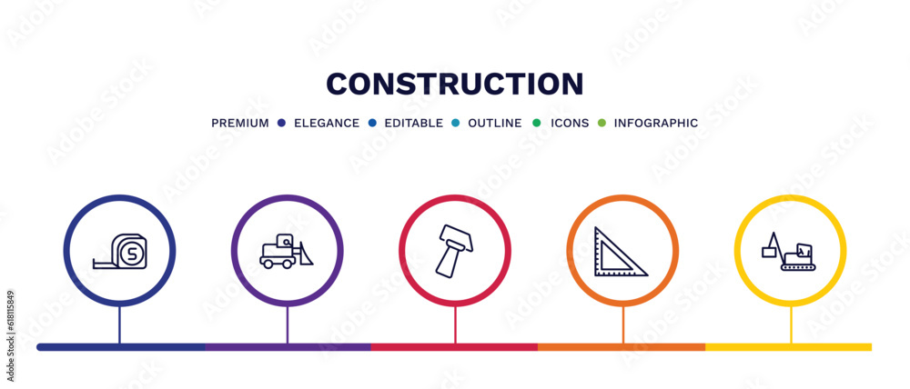 set of construction thin line icons. construction outline icons with infographic template. linear icons such as five meters ruler, little snowplow, inclined hammer, angle ruler, derrick with box set of construction thin line icons. construction outline icons with infographic template. linear icons such as five meters ruler, little snowplow, inclined hammer, angle ruler, derrick with box