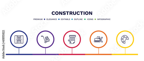 set of construction thin line icons. construction outline icons with infographic template. linear icons such as big clo, trolley with cargo, measures plan, bulldozer, pallete vector.