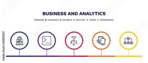 set of business and analytics thin line icons. business and analytics outline icons with infographic template. linear icons such as laptop with analysis, terminal, flow chart, gadget, data analytics