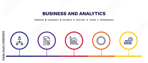 set of business and analytics thin line icons. business and analytics outline icons with infographic template. linear icons such as department head, business plan, data wave, dot, production vector.