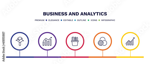 set of business and analytics thin line icons. business and analytics outline icons with infographic template. linear icons such as data analytics circular, stock market, supplies, value chart,