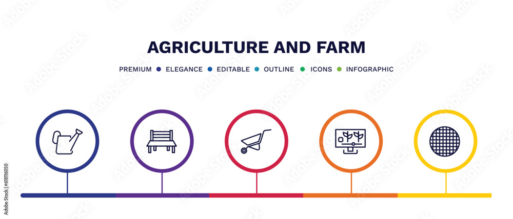set of agriculture and farm thin line icons. agriculture and farm outline icons with infographic template. linear icons such as watering, garden bench, barrow, smart farm, riddle tool vector. set of agriculture and farm thin line icons. agriculture and farm outline icons with infographic template. linear icons such as watering, garden bench, barrow, smart farm, riddle tool vector.